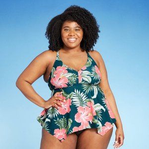 Kona Sol Plus Size Ring Back Detail Tankini Top Hibiscus Floral